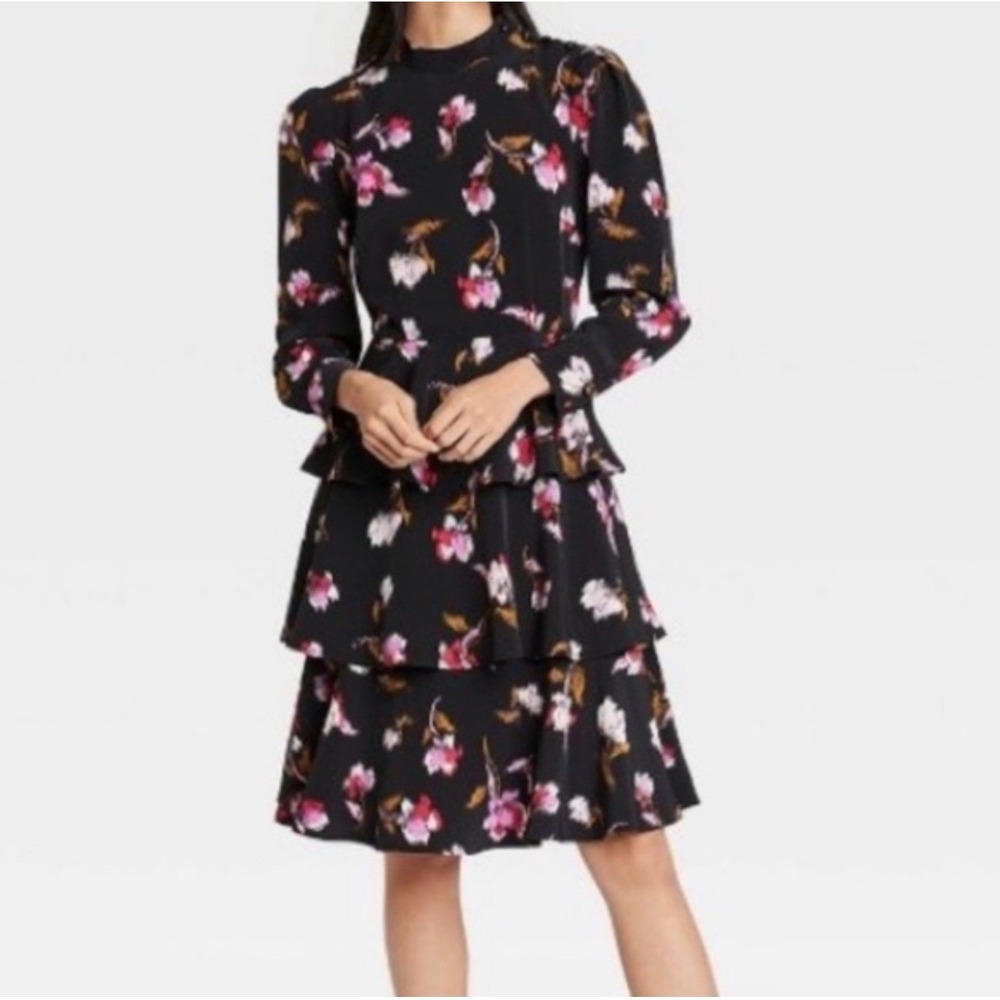 Who What Wear Black Floral Tiered Long-Sleeve Dress